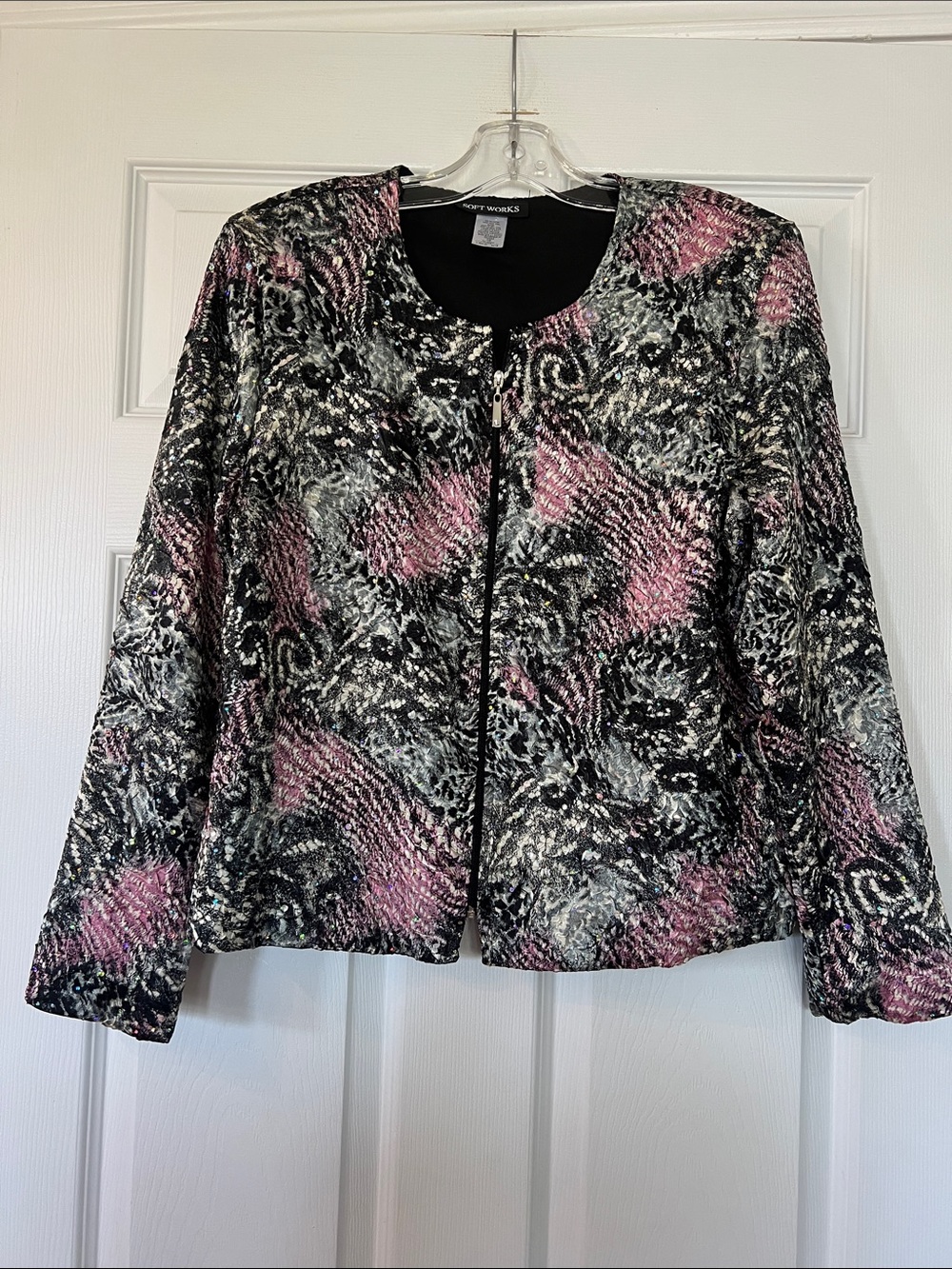 Soft Works Women's Black and Pink Textured Open-Front Jacket